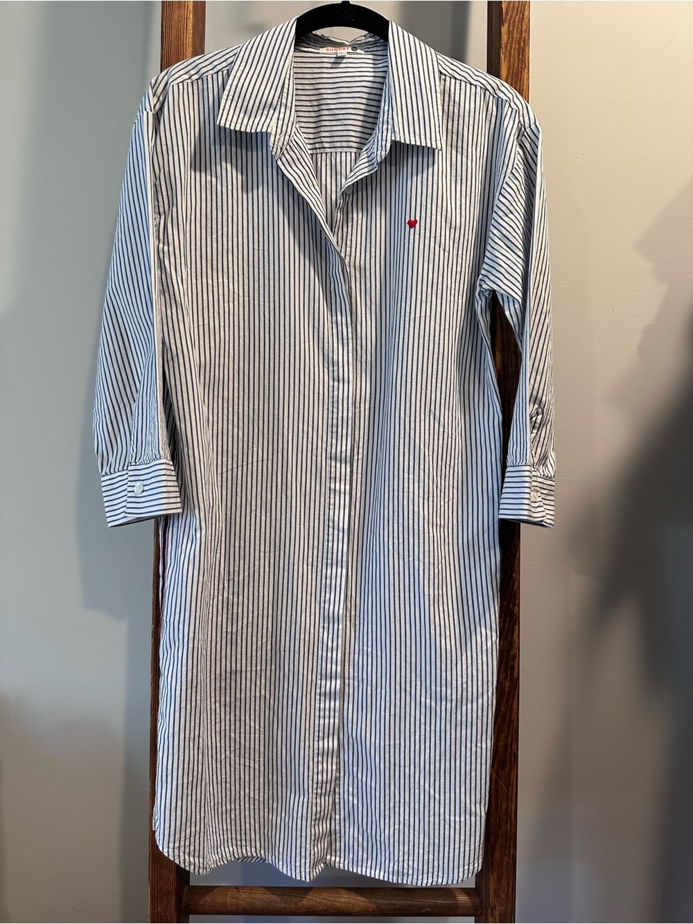 Sundry White and Blue Striped Button-Down Shirt Dress with Red Heart Detail